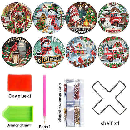 8pc Christmas Wooden DIY Coaster Diamond Art Kits with Holder No-Slip Home Decor