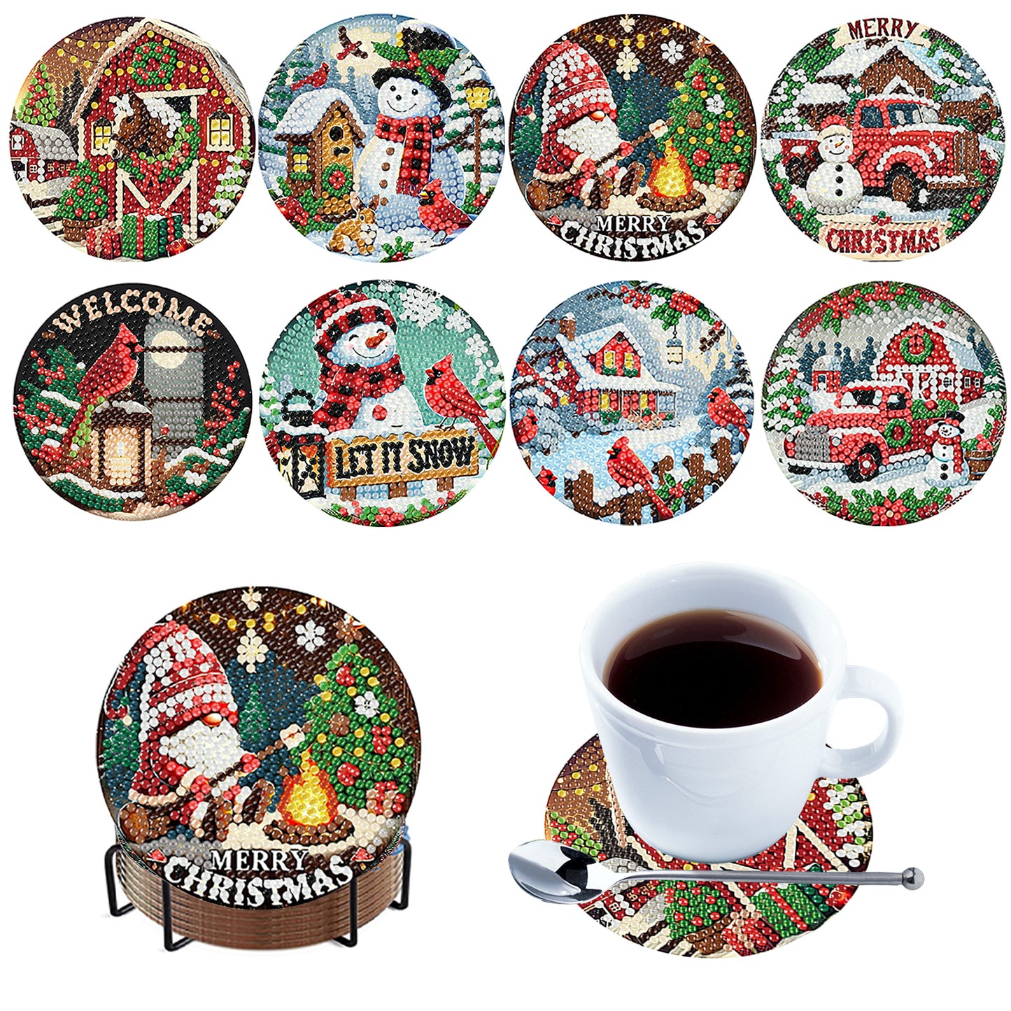 8pc Christmas Wooden DIY Coaster Diamond Art Kits with Holder No-Slip Home Decor