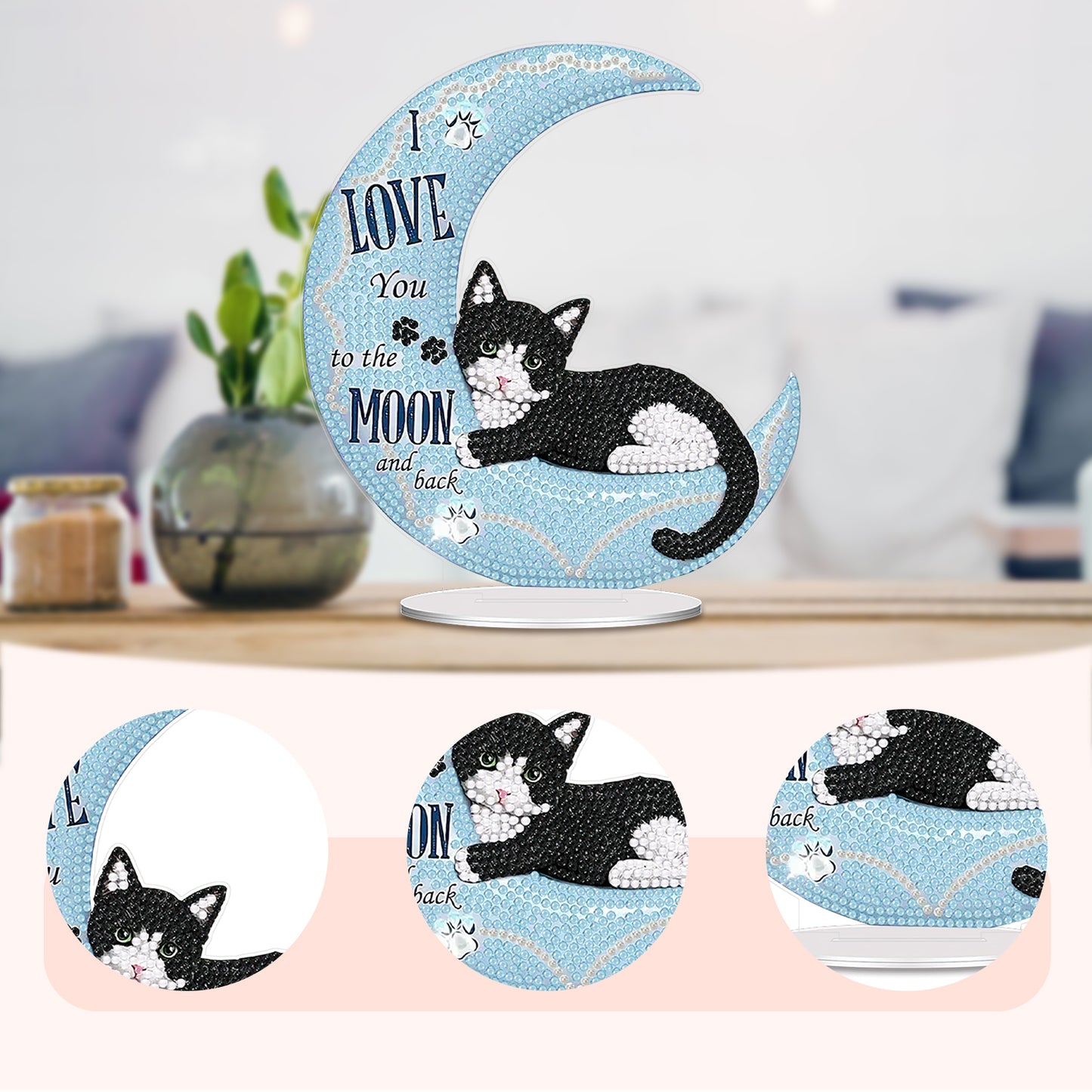 Moon Cat DIY 2D Flat Acrylic Desktop Diamond Art Kit Single-Sided for Home Decor