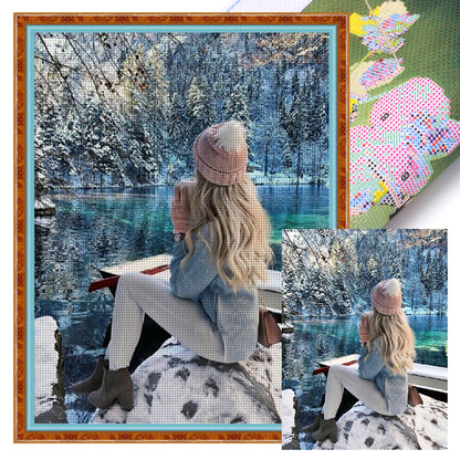 Girl In Snow Scene - 11CT Stamped Cross Stitch 40*56CM