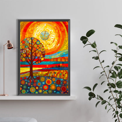 High Saturation Glass Painting Tree And Sun - Full Round Drill Diamond Painting 40*60CM