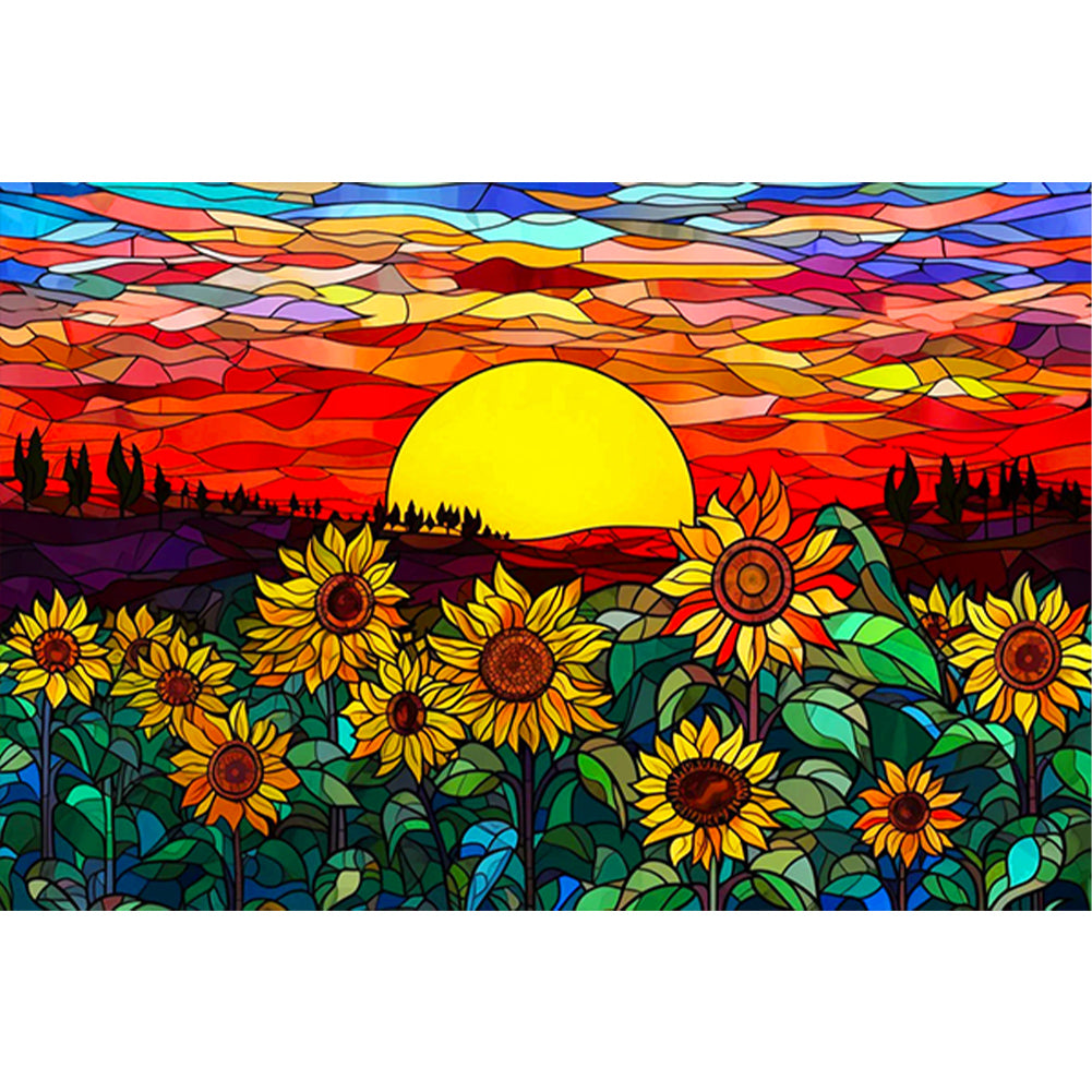 Glass Painting Sunset And Sunflower Field - Full Round Drill Diamond Painting 60*40CM