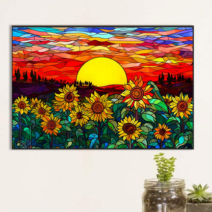 Glass Painting Sunset And Sunflower Field - Full Round Drill Diamond Painting 60*40CM