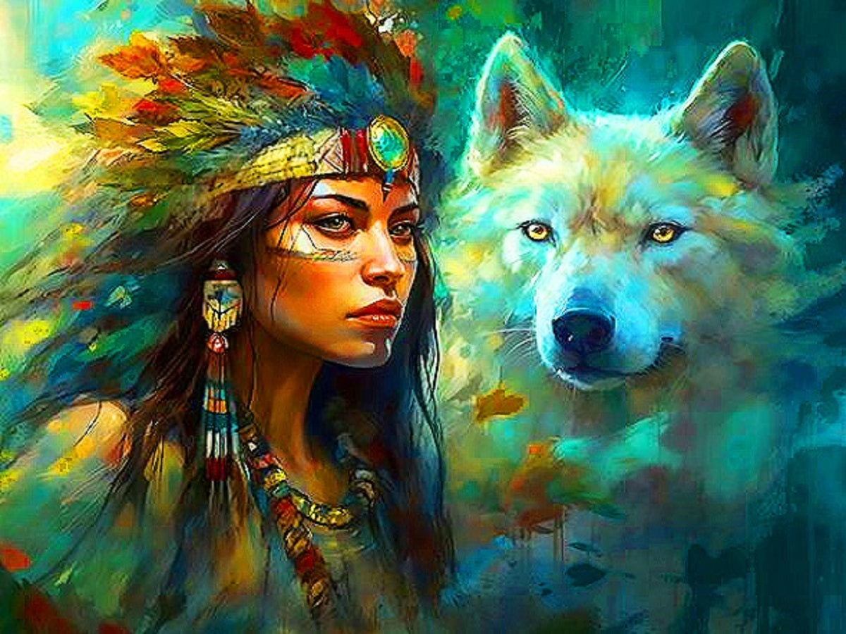 Indian White Wolf And The Dreamcatcher - Full Round Drill Diamond Painting 40*30CM