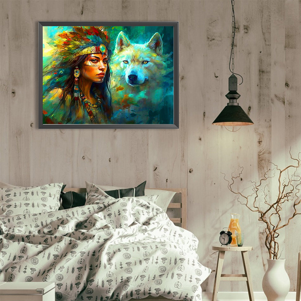 Indian White Wolf And The Dreamcatcher - Full Round Drill Diamond Painting 40*30CM