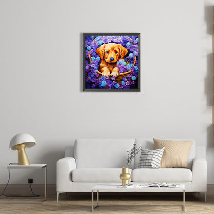 Dog In Flower Basket - Full Round Drill Diamond Painting 40*40CM