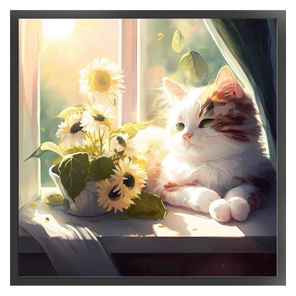 Cat And Flowers On The Windowsill - 18CT Stamped Cross Stitch 30*30CM