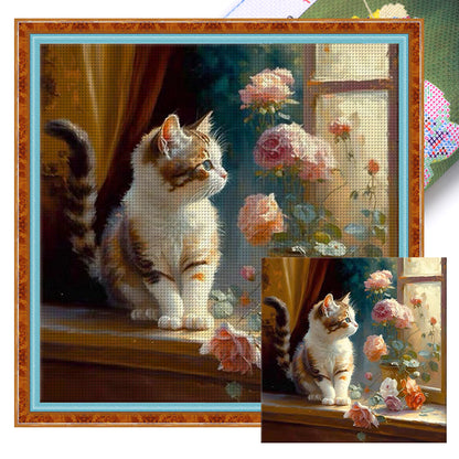 Cat And Flowers On The Windowsill - 18CT Stamped Cross Stitch 30*30CM