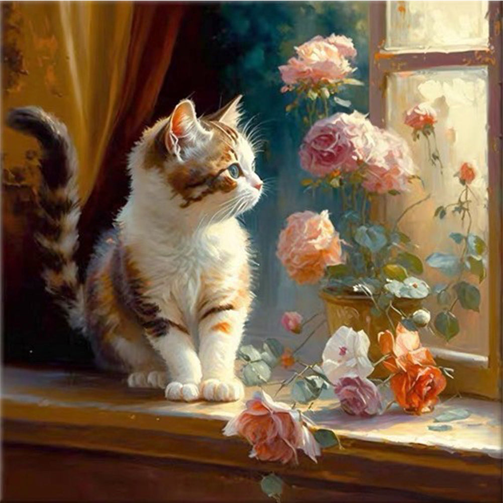 Cat And Flowers On The Windowsill - 18CT Stamped Cross Stitch 30*30CM