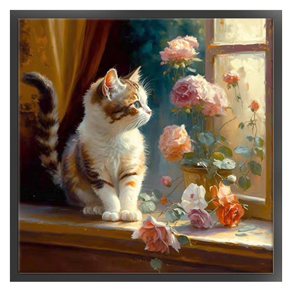 Cat And Flowers On The Windowsill - 18CT Stamped Cross Stitch 30*30CM