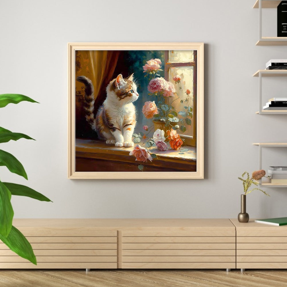 Cat And Flowers On The Windowsill - 18CT Stamped Cross Stitch 30*30CM