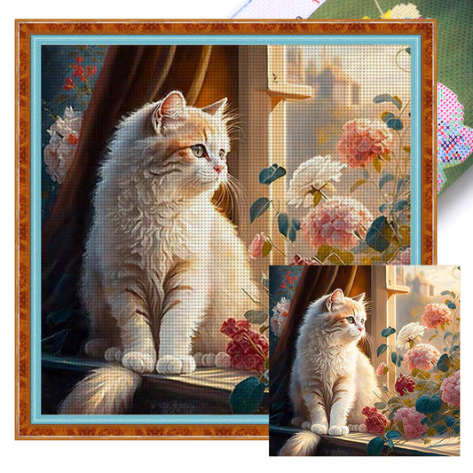 Cat And Flowers On The Windowsill - 18CT Stamped Cross Stitch 30*30CM