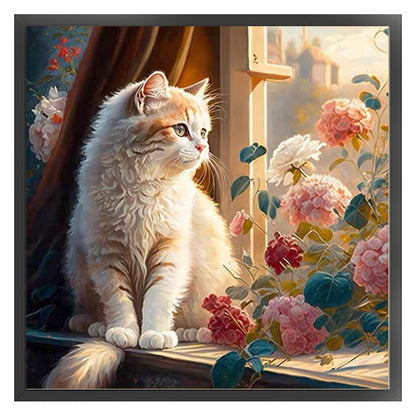 Cat And Flowers On The Windowsill - 18CT Stamped Cross Stitch 30*30CM