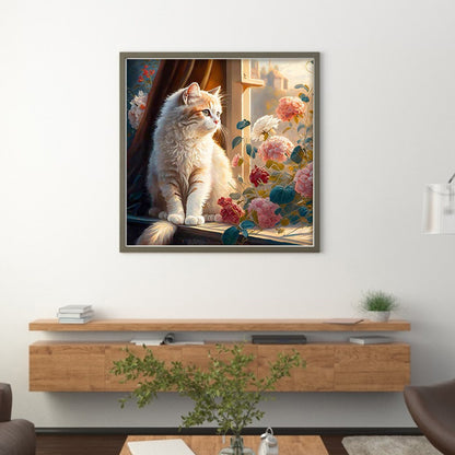 Cat And Flowers On The Windowsill - 18CT Stamped Cross Stitch 30*30CM