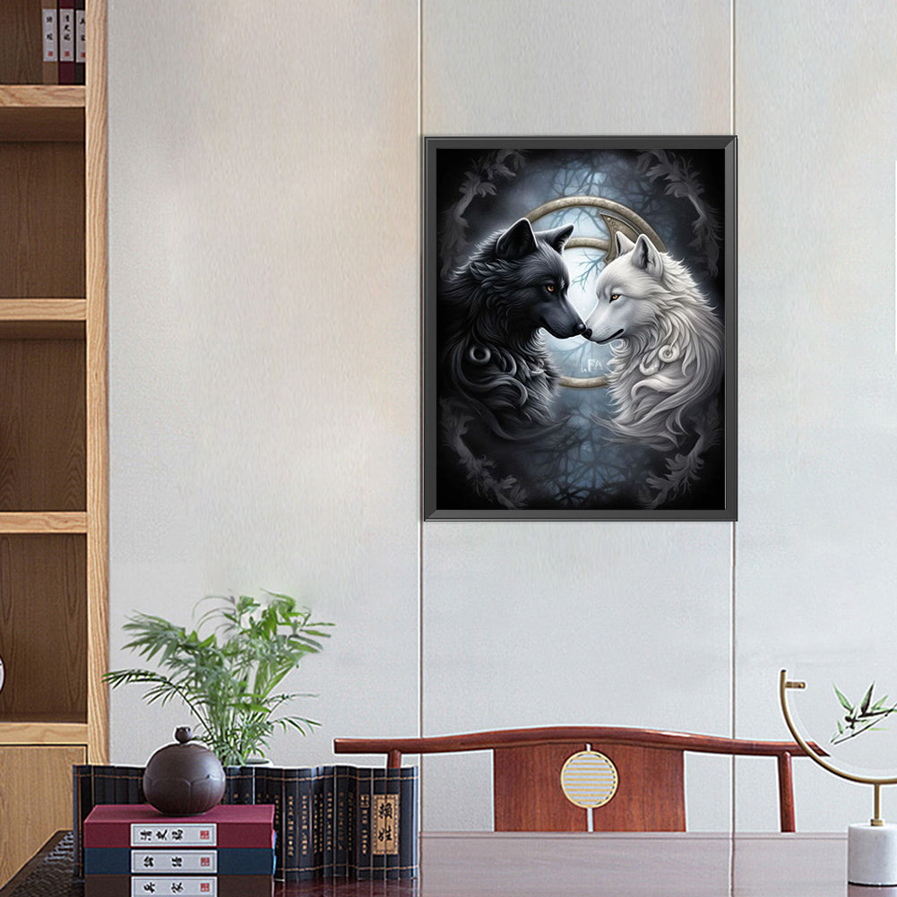 Black And White Twin Wolves - Full AB Round Drill Diamond Painting 40*50CM