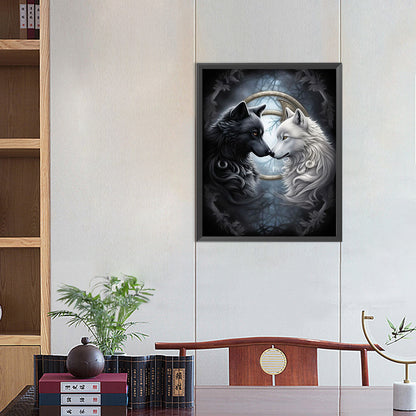 Black And White Twin Wolves - Full AB Round Drill Diamond Painting 40*50CM