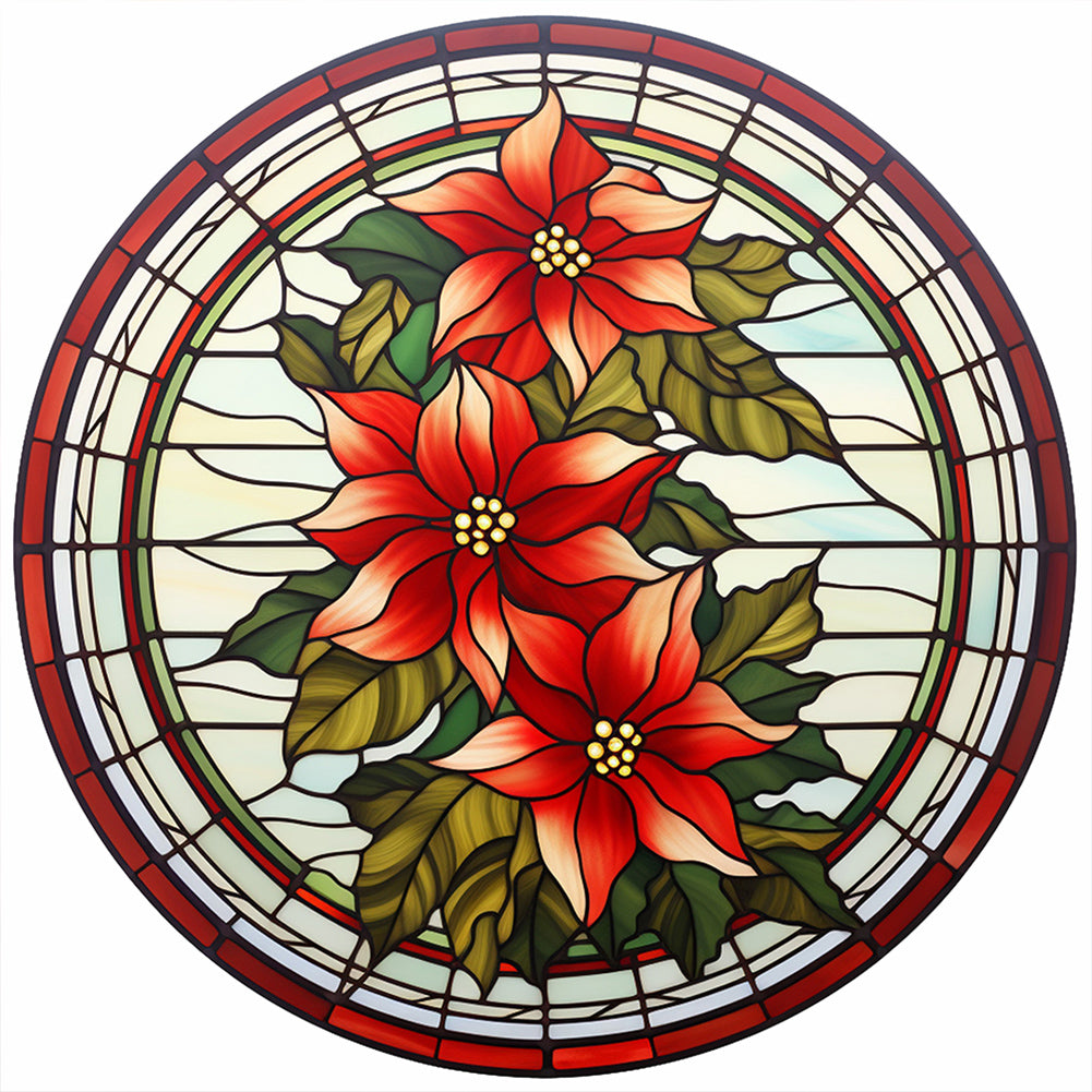 Christmas Red Flower Glass Painting - Full Round Drill Diamond Painting 30*30CM