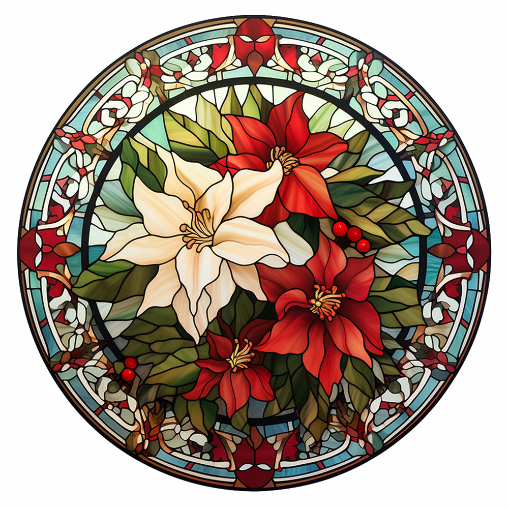 Christmas Red Flower Glass Painting - Full Round Drill Diamond Painting 30*30CM