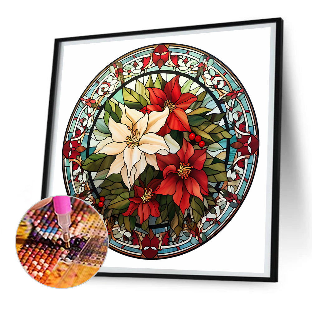 Christmas Red Flower Glass Painting - Full Round Drill Diamond Painting 30*30CM