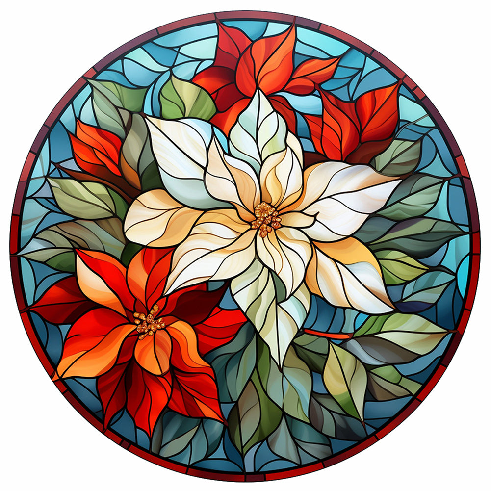 Christmas Red Flower Glass Painting - Full Round Drill Diamond Painting 30*30CM