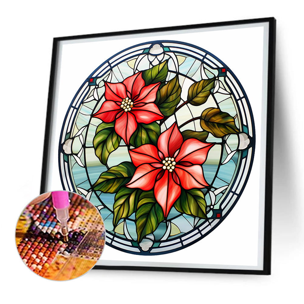 Christmas Red Flower Glass Painting - Full Round Drill Diamond Painting 30*30CM