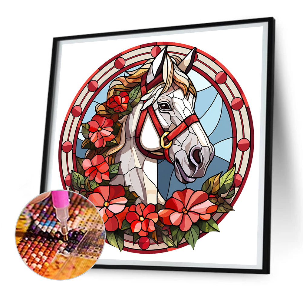 Christmas Red Horse Glass Painting - Full Round Drill Diamond Painting 30*30CM