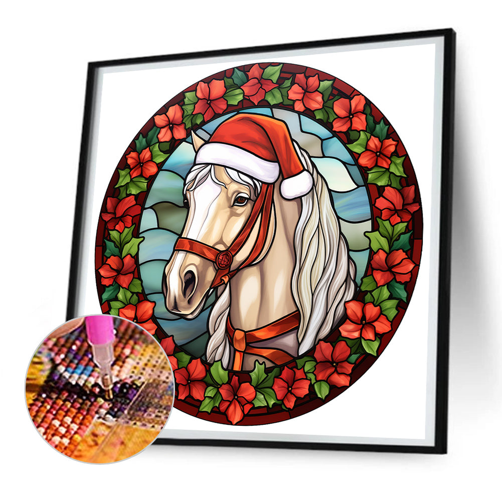 Christmas Red Horse Glass Painting - Full Round Drill Diamond Painting 30*30CM