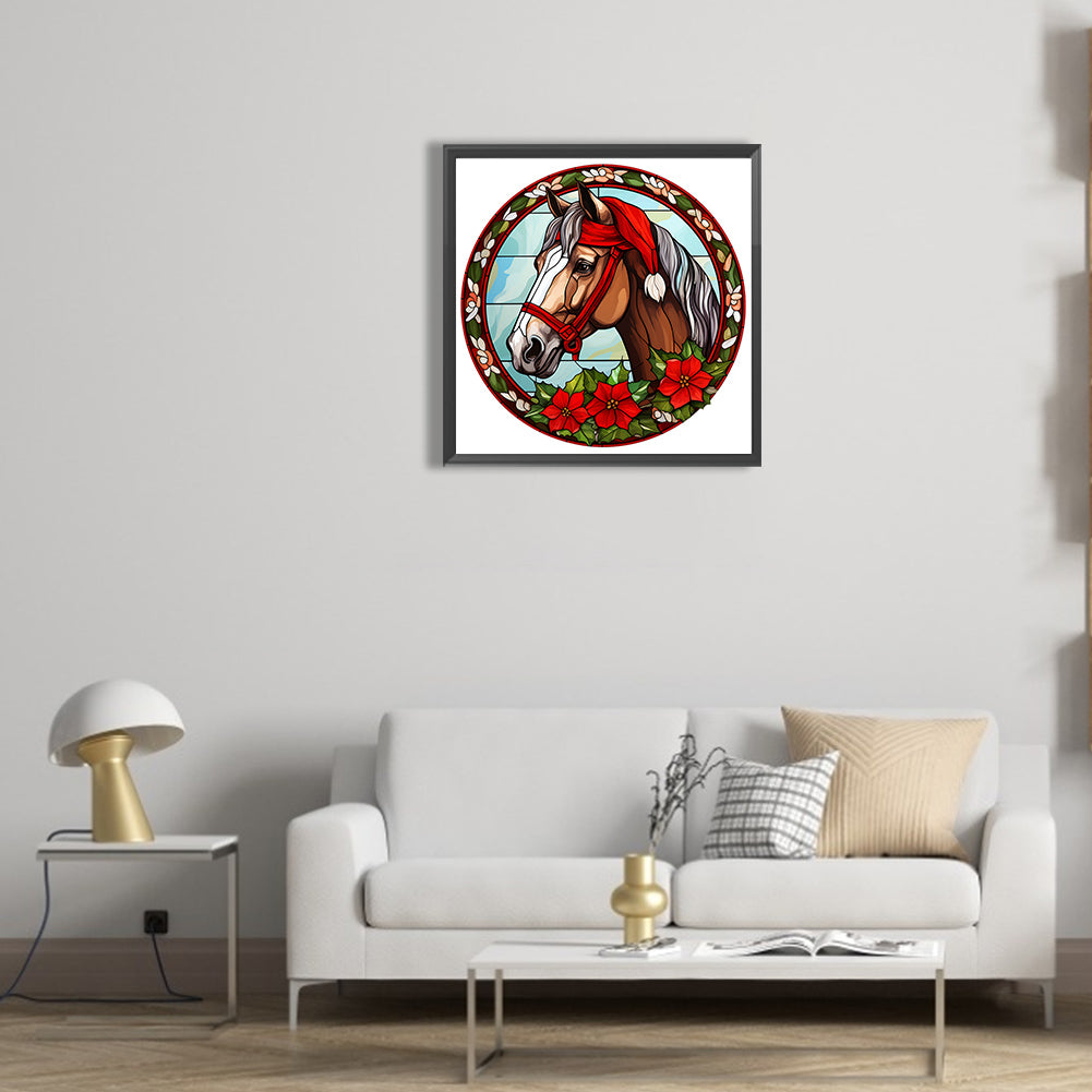 Christmas Red Horse Glass Painting - Full Round Drill Diamond Painting 30*30CM