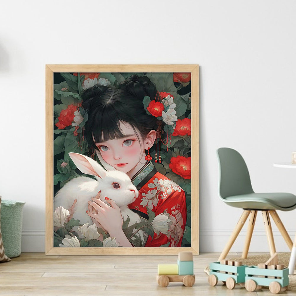 Ancient Style Girl And White Rabbit - 11CT Stamped Cross Stitch 40*50CM