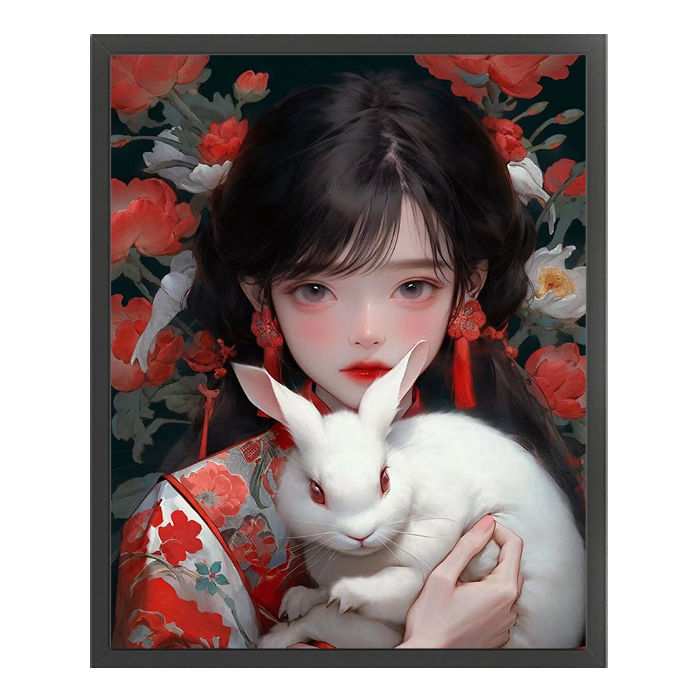 Ancient Style Girl And White Rabbit - 11CT Stamped Cross Stitch 40*50CM