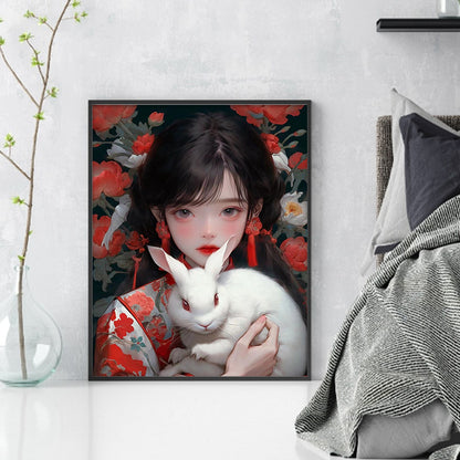 Ancient Style Girl And White Rabbit - 11CT Stamped Cross Stitch 40*50CM