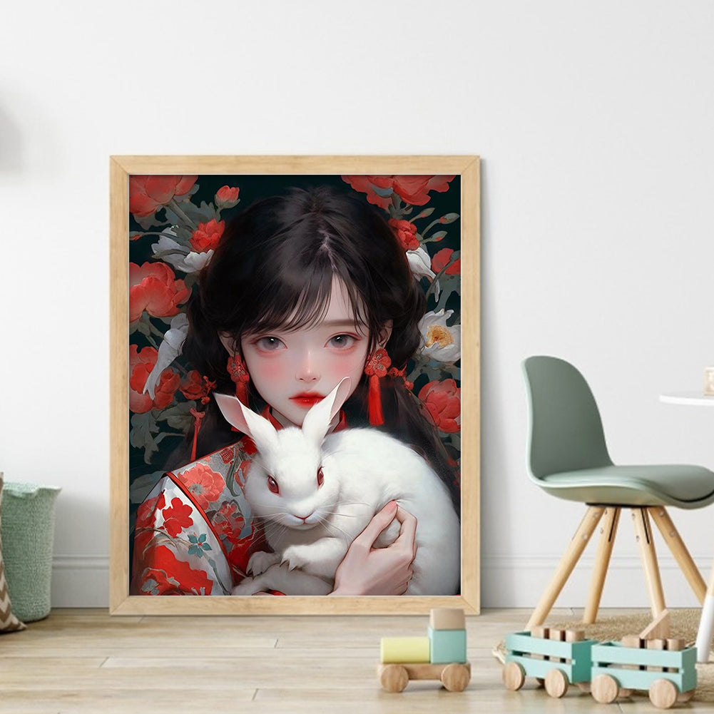 Ancient Style Girl And White Rabbit - 11CT Stamped Cross Stitch 40*50CM