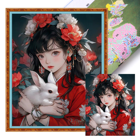 Ancient Style Girl And White Rabbit - 11CT Stamped Cross Stitch 40*50CM