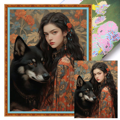 Girl And Wolf - 11CT Stamped Cross Stitch 50*65CM