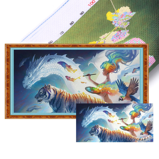 Tiger, Flying Dragon And Woman - 11CT Stamped Cross Stitch 100*50CM