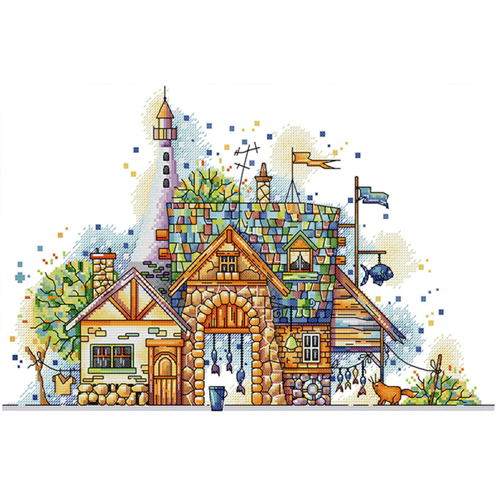 Fishing Village - 14CT Stamped Cross Stitch 44*30CM(Joy Sunday)