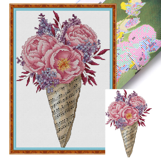 Music Note Bouquet-Peony - 14CT Stamped Cross Stitch 27*36CM(Joy Sunday)