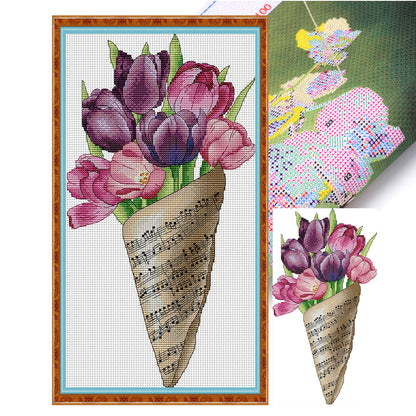 Musical Note Bouquet-Tulips - 14CT Stamped Cross Stitch 21*38CM(Joy Sunday)