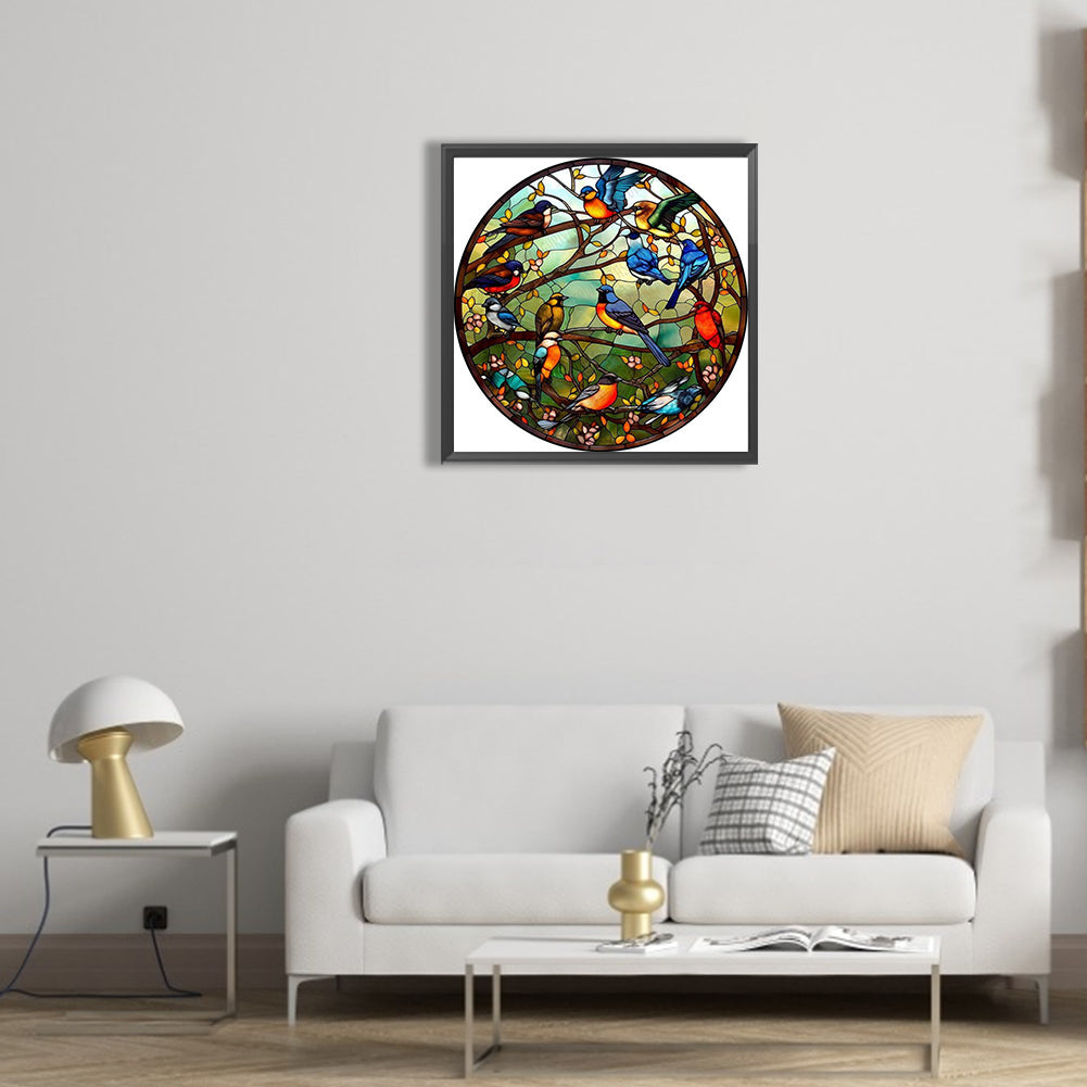Round Card Birds Singing Flowers - Full Round Drill Diamond Painting 30*30CM