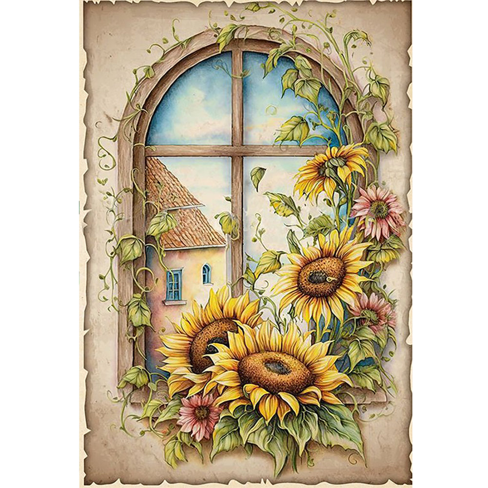 Retro Poster - Sunflowers By The Window - 11CT Stamped Cross Stitch 40*60CM