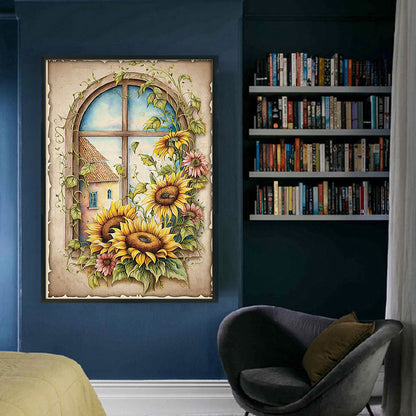 Retro Poster - Sunflowers By The Window - 11CT Stamped Cross Stitch 40*60CM