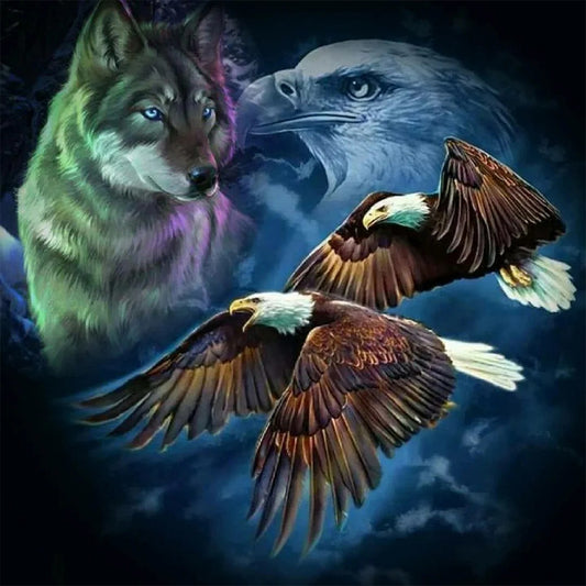 Late Night Eagle And Wolf - Full Round Drill Diamond Painting 40*40CM