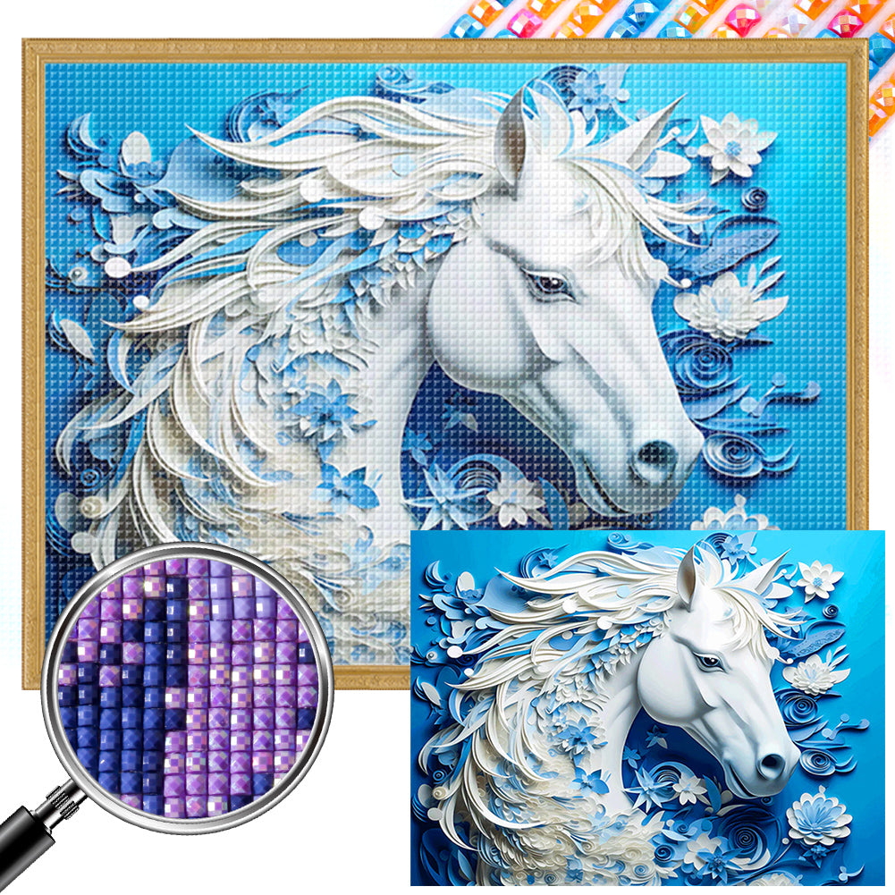 Paper Carved White Horse - Full AB Square Drill Diamond Painting 40*30CM