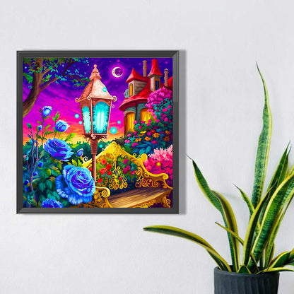 A Corner Of The Street Lamp Under The Castle Blue - Full AB Square Drill Diamond Painting 40*40CM