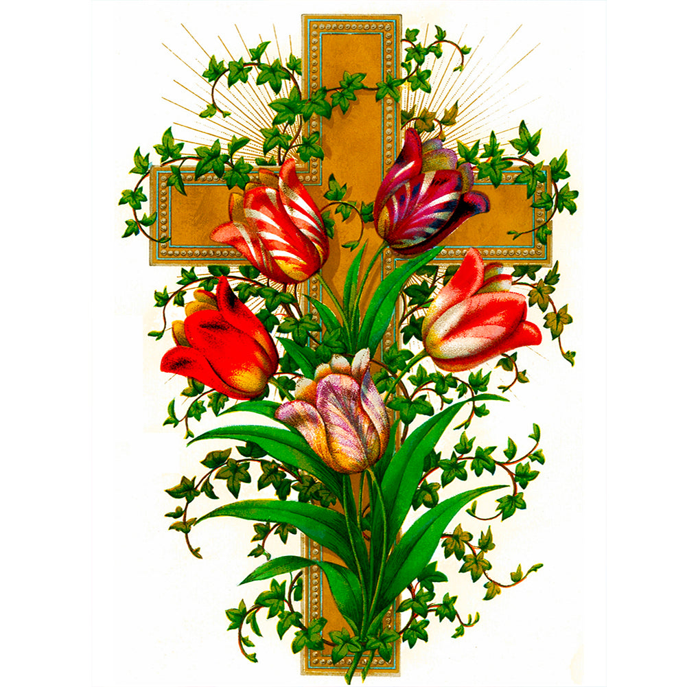 Cross And Tulips - Full Round Drill Diamond Painting 30*40CM