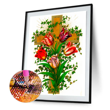 Cross And Tulips - Full Round Drill Diamond Painting 30*40CM
