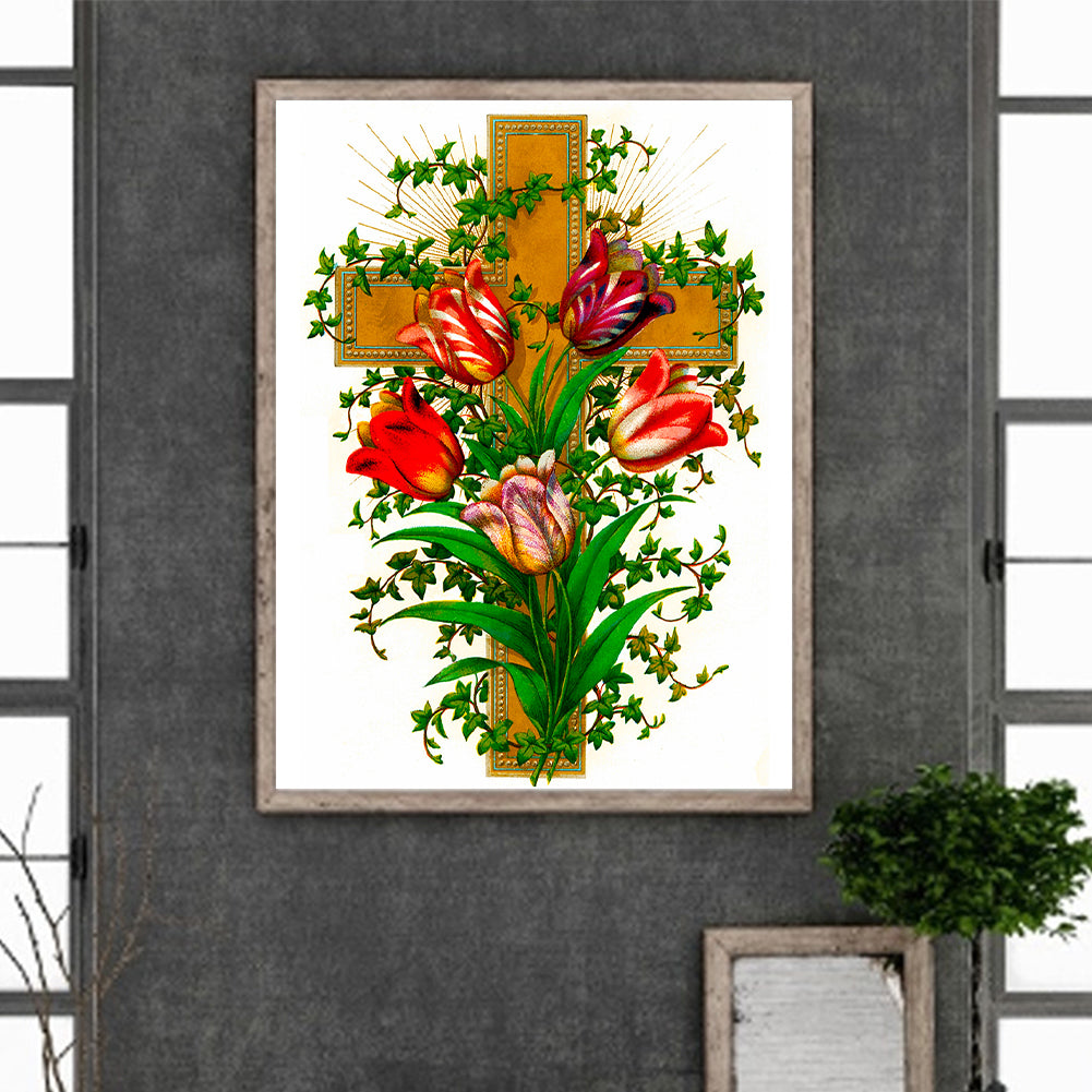 Cross And Tulips - Full Round Drill Diamond Painting 30*40CM