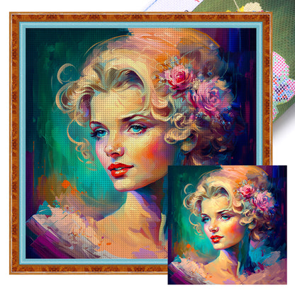 Blond Girl With Flowers - 11CT Stamped Cross Stitch 50*50CM