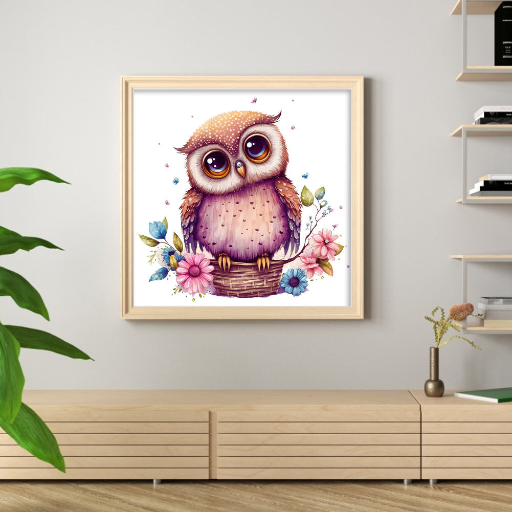 Owl In Flower Basket - 18CT Stamped Cross Stitch 25*25CM