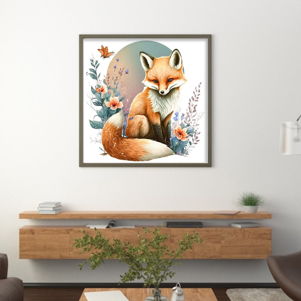 Flowers And Grass Fox - 18CT Stamped Cross Stitch 25*25CM